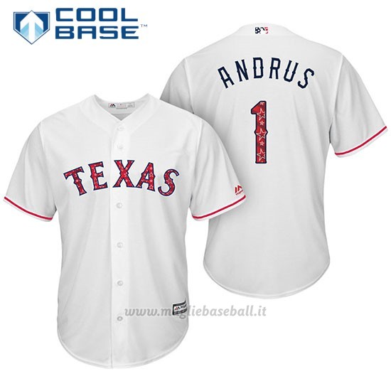 Maglia Baseball Uomo Texas Rangers 2017 Estrellas y Rayas Elvis Andrus Bianco Cool Base
